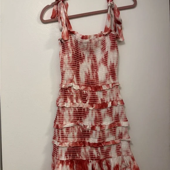 Storia Orange/ Red  Tie Dye Smocked Ruffle Mini Dress S Teen - Picture 3 of 5